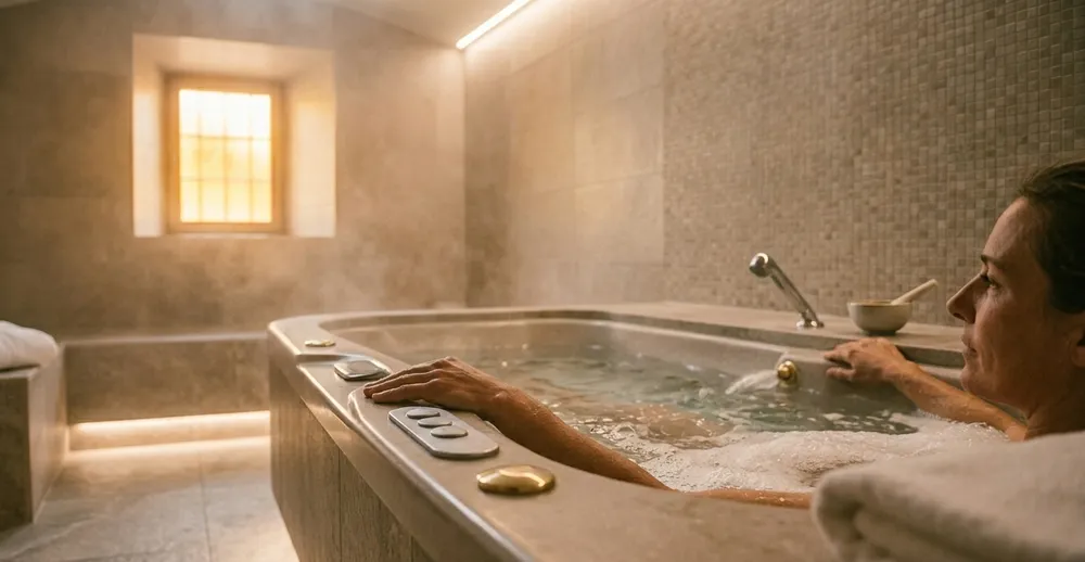 Fotografía de una persona relajada en un baño de aguas termales en Ax-les-Thermes, con vapor de agua suave y luz tenue a través de un ojo de buey.
