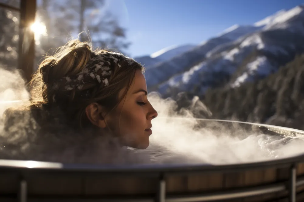 Vista en primer plano de una mujer relajada en una bañera de hidromasaje de madera humeante en Ax-les-Thermes, con los Pirineos nevados y el sol poniente de fondo.